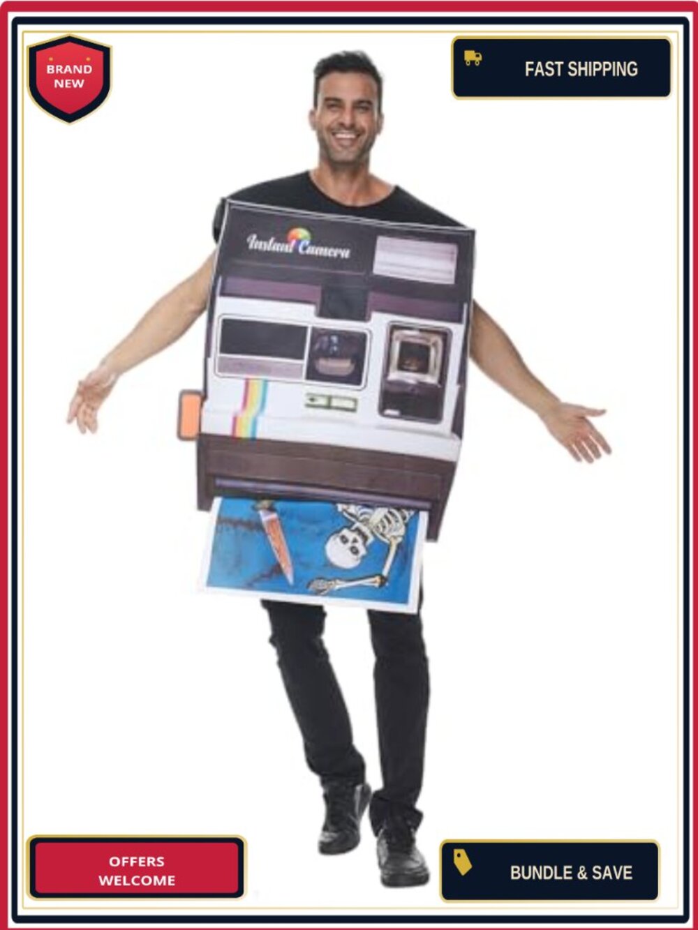 Adult Instant Polaroid Camera Costume Retro 80s Halloween Tunic
